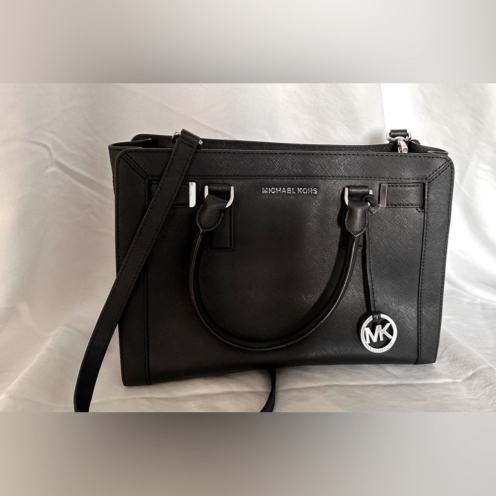 Michael Kors Dillon satchel medium leather black handbag purse with strap MK bag